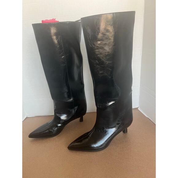 NWT Zara Black Patent Vegan Pointy Toe Knee High Kitten Heel Wide Calf Boots 6 - Picture 1 of 13